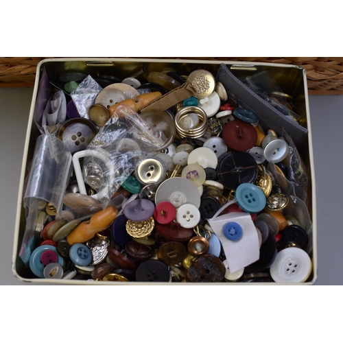 383 - A Wicker Sewing Box With a Selection of Sewing Items, And A Tin With Assorted Buttons