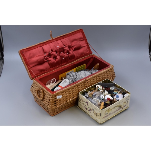 383 - A Wicker Sewing Box With a Selection of Sewing Items, And A Tin With Assorted Buttons