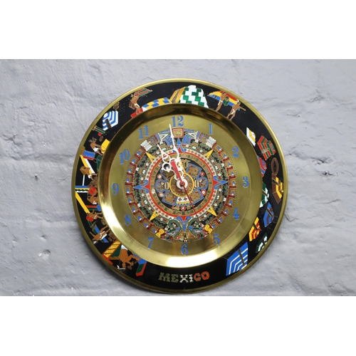 388 - Mexican Brass and Enamelled Aztec Wall Clock (Working)