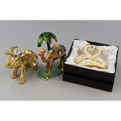 326 - Three Enamelled Trinket Boxes, Includes Camel, Elephant, And Swan