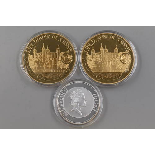 179 - Three Commemorative Coins With Certificates of Authenticity. Includes Gold Plated 'The House of Tudo... 