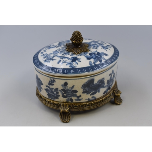 332 - Blue and White Ceramic Lidded Pot Standing on Gilt Ornate Mount with Acorn Finial (7