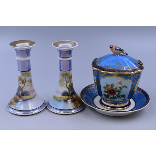 334 - Pair of Noritake Candleholders and a Floral Condiment Pot with Bird Finial