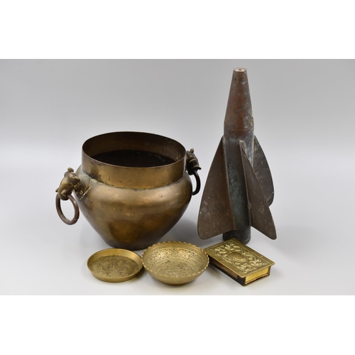 401 - Five Pieces of Brassware To Include Elephant Head Planter, Vesta Case, Nautical Taffrail Log (AF), A... 