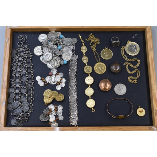 189 - Selection of Coin Jewellery including a Heavy Curblink Necklace, Bracelets, Rings, and More