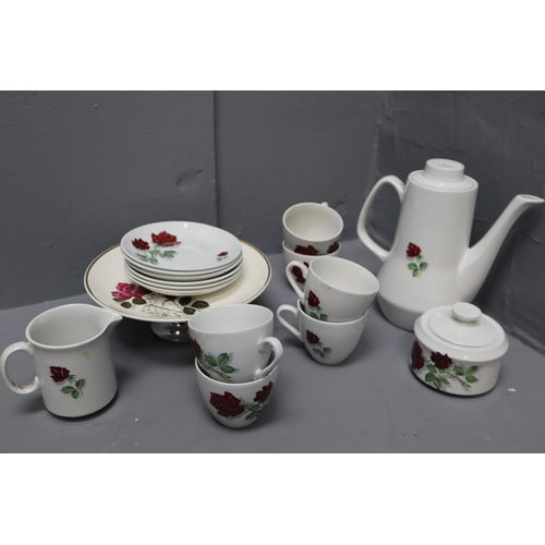 405 - Vintage Alfred Clough coffee set with rose pattern to include coffee pot, six cups and saucers, milk... 