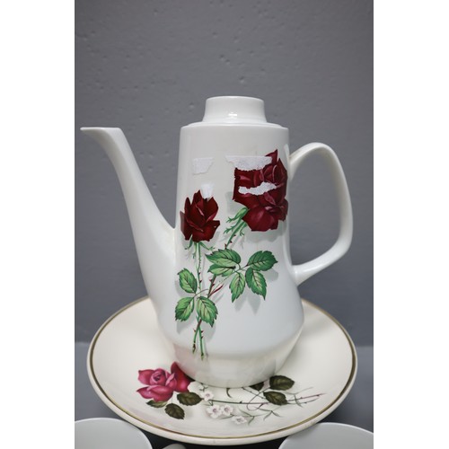 405 - Vintage Alfred Clough coffee set with rose pattern to include coffee pot, six cups and saucers, milk... 