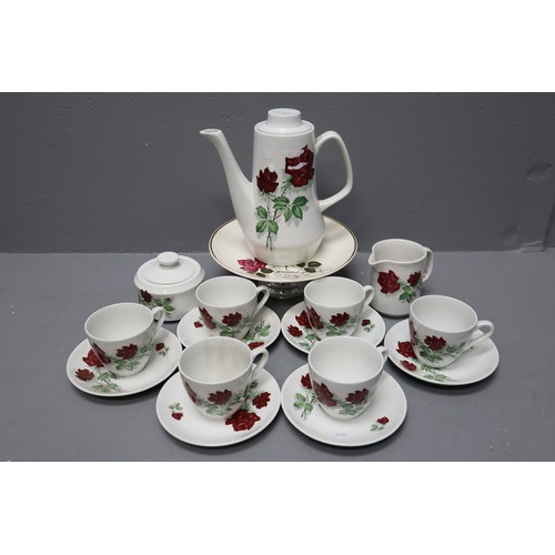 405 - Vintage Alfred Clough coffee set with rose pattern to include coffee pot, six cups and saucers, milk... 