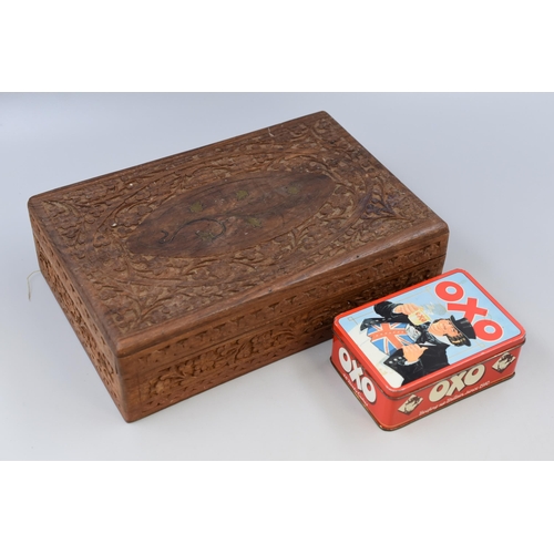 408 - Vintage Hand carved wooden stash box & OXO beef cubes tin