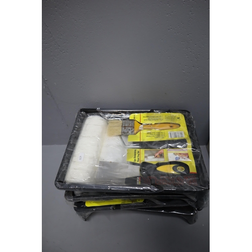 655 - Four decorating kits which include paint tray, scraper, brush dust sheet, roller and gloves, a selec... 