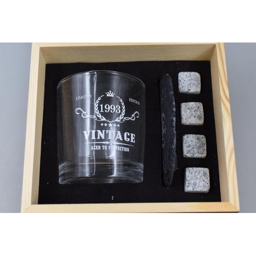 351 - Wooden Cased Limited Edition Vintage Aged To Perfection Whiskey Glass with Rock Ice Cubes and Slate ... 