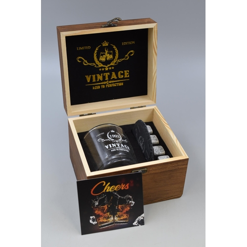 351 - Wooden Cased Limited Edition Vintage Aged To Perfection Whiskey Glass with Rock Ice Cubes and Slate ... 