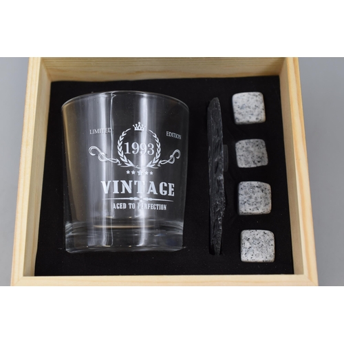 352 - Wooden Cased Limited Edition Vintage Aged To Perfection Whiskey Glass with Rock Ice Cubes and Slate ... 