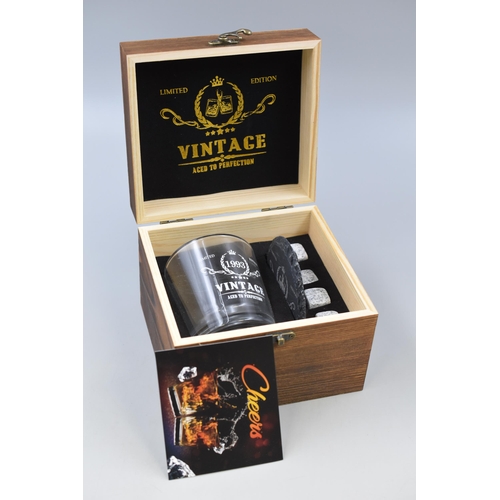 352 - Wooden Cased Limited Edition Vintage Aged To Perfection Whiskey Glass with Rock Ice Cubes and Slate ... 