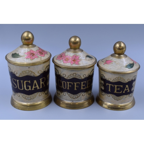 210 - Vintage hand crafted brass tea, coffee and sugar caddies