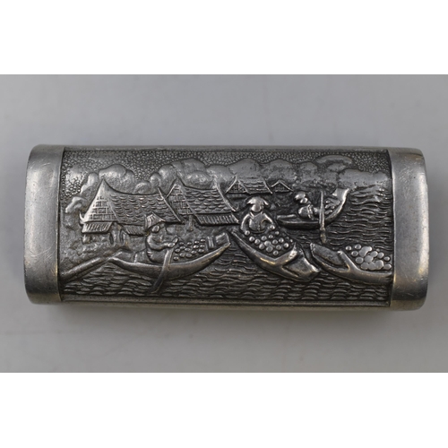 223 - A Butterfly wing made out of feathers and unmarked silver elephant & boat themed lighter holder