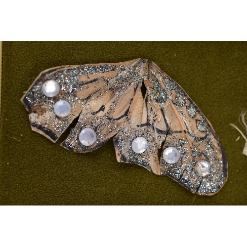 223 - A Butterfly wing made out of feathers and unmarked silver elephant & boat themed lighter holder