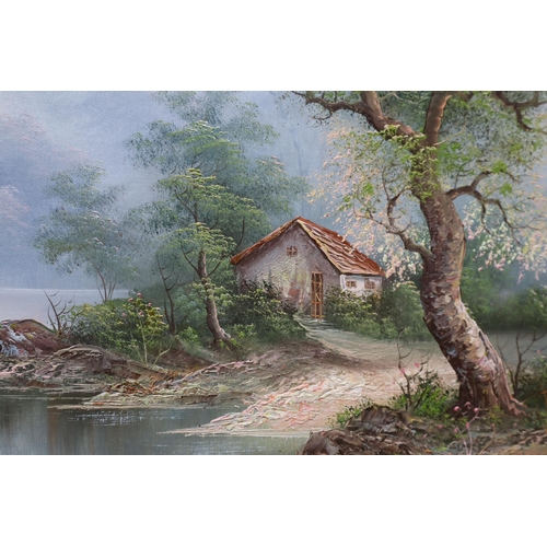 432 - Oil On Canvas Painting Depicting Serene Woodland Lake and Shack Scene , Signed I.Cafieri, Complete W... 