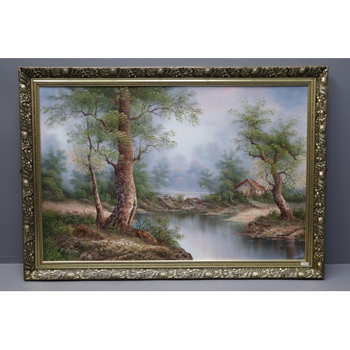 432 - Oil On Canvas Painting Depicting Serene Woodland Lake and Shack Scene , Signed I.Cafieri, Complete W... 