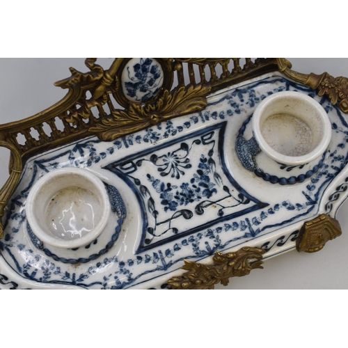 230 - Blue and White Porcelain Desk Ink Stand in Ornate French Style Gilt Mount (14