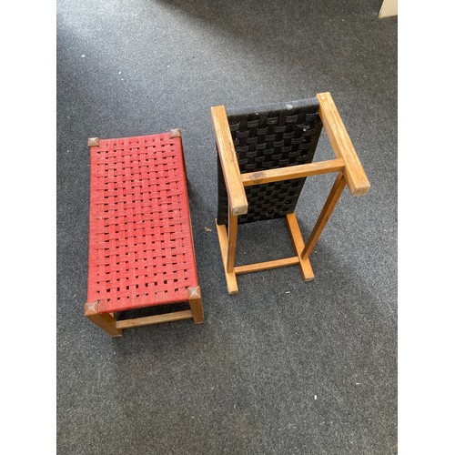 724 - Two woven nylon wooden framed stools one black & one red (11