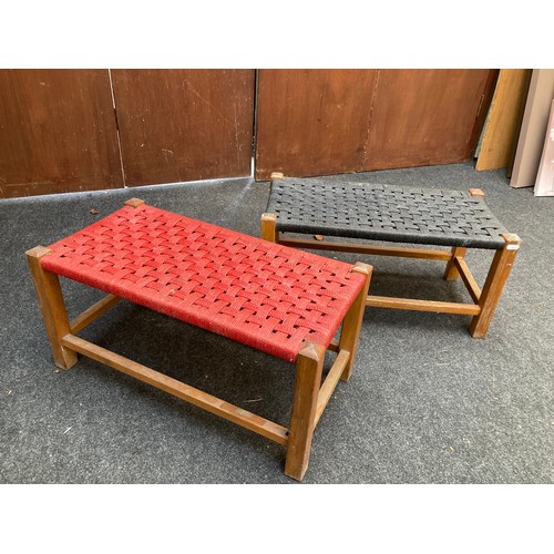 724 - Two woven nylon wooden framed stools one black & one red (11