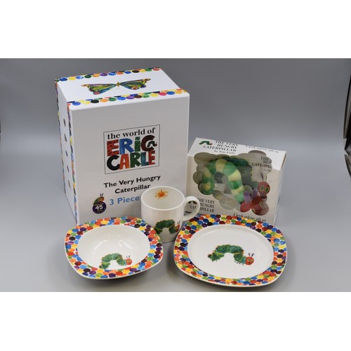 659 - Hungry caterpillar 3 piece cup, bowl and plate set and a caterpillar book and toy set, both new and ... 