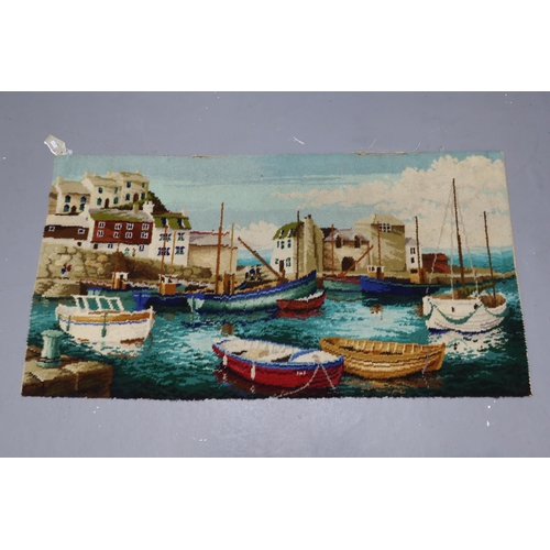 483 - Vintage Hand Woven Mediterranean Boats in a bay Scene Tapestry complete with Hangers 51