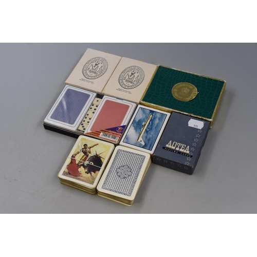 515 - Collection of 8 packs of themed playing cards and a Royal double deck card set with dice