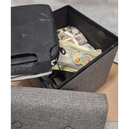 920 - Grey Fabric Covered Storage Stool Full of Crafting Stuff. Lot of moneys worth.