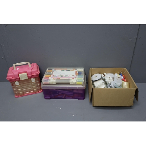 595 - Mixed arts & crafts lot including sewing thread, a portable art caddy box and more