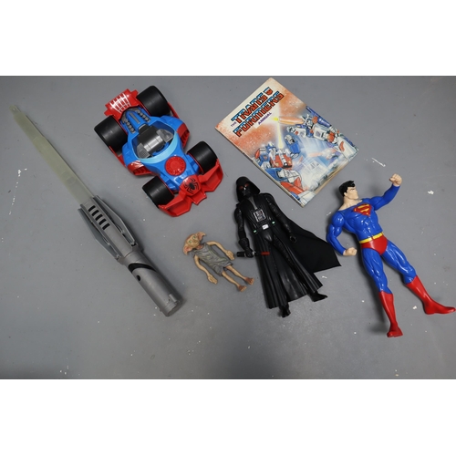 608 - Selection of action figures to include Superman, Dead Pool (Wade Wilson), Darth Vader spidy car a tr... 