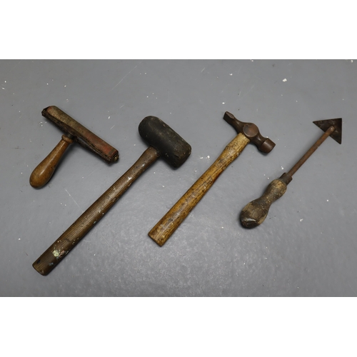 832 - A Selection of Vintage Tools To Include Mallets, Claw Hammers, Hammer Heads, Paint Scraper, And More