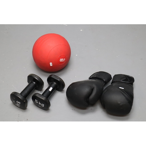 867 - Selection Including Pair of Venium Boxing Gloves, Pair of 5Kg Dumbbells and 8Kg Exercise Ball