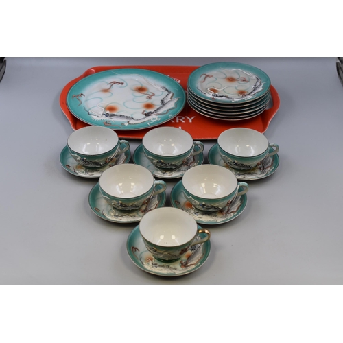 890 - A Nineteen Piece Japanese Geisha Girl Dragon Tea Set, On Tray. One Cup is AF