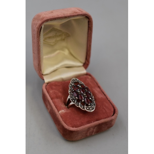 1 - A 925. Silver Garnet Cluster Stoned Ring, Size M