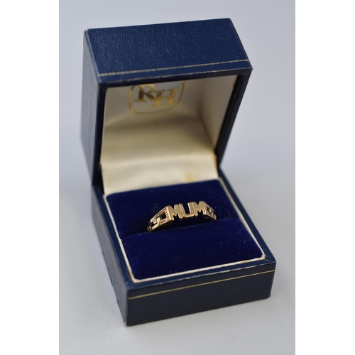 5 - Gold 'MUM' Ring 9ct (Size T)