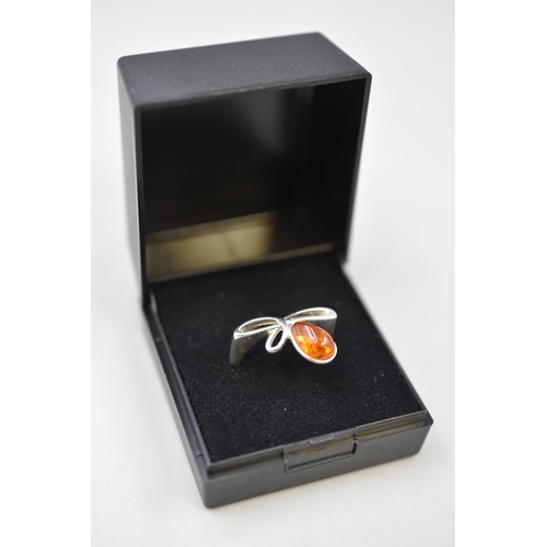 21 - Silver 925, Amber Stoned Ring, Size O, Complete with Presentation Box