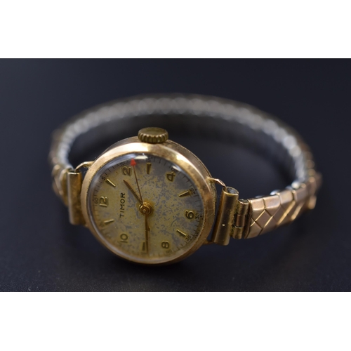 24 - Hallmarked Gold 375 (9ct) Cased Ladies 15 Jewel Timor Watch with Elasticated Strap