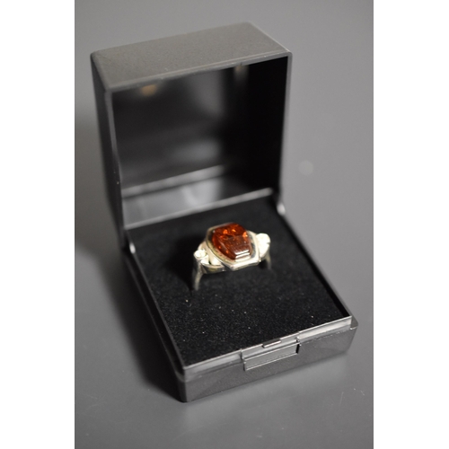 34 - Silver 925, Large Amber Stoned Ring, Size M, Complete with Presentation Box