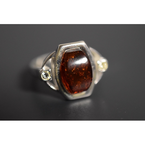 34 - Silver 925, Large Amber Stoned Ring, Size M, Complete with Presentation Box