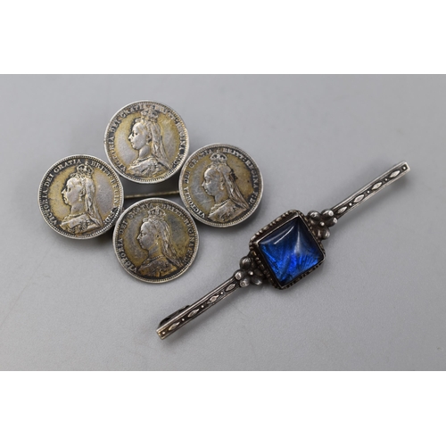 36 - Two Sterling Silver Brooches To Include TLM Blue Stoned Bar Brooch, And Four Victorian Threepence Br... 