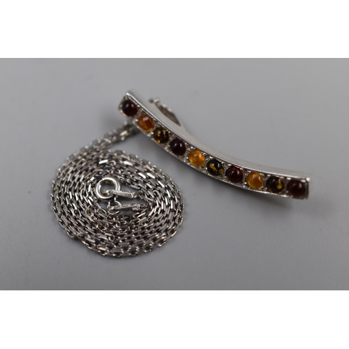 39 - Silver 925, Amber Stoned Large Pendant on Chain, Complete with Presentation Box