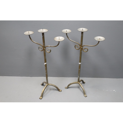 345 - A Pair of Metal Three Candle Candleholders on Three Feet, Approx 26