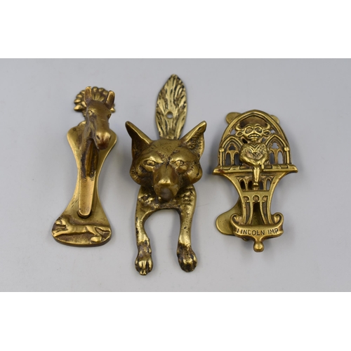 349 - Three Vintage Brass Door Knockers including Horse and Fox