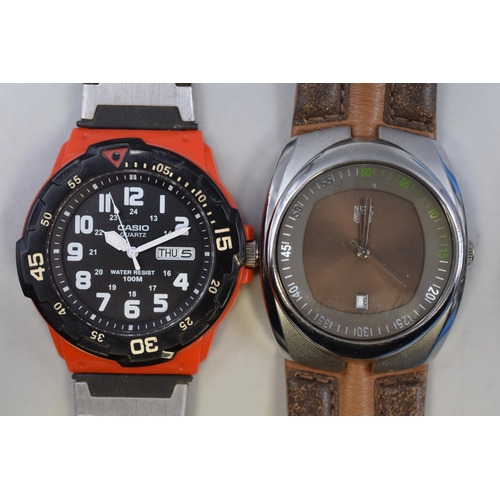 87 - Four Quartz Men's Watches inclduing Next GMT, Crosshatch, Casio and Longboard (All Working)