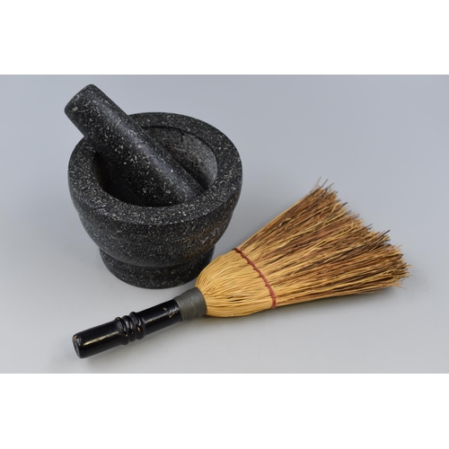 364 - Quarry Granite Mortar & Pestle with Traditional Japanese Table Broom