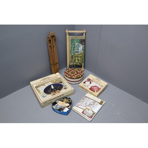 377 - Arts and Crafts items to include, lace making kit, easel, batik kit, 2 sewing boxes, tapestry frame ... 