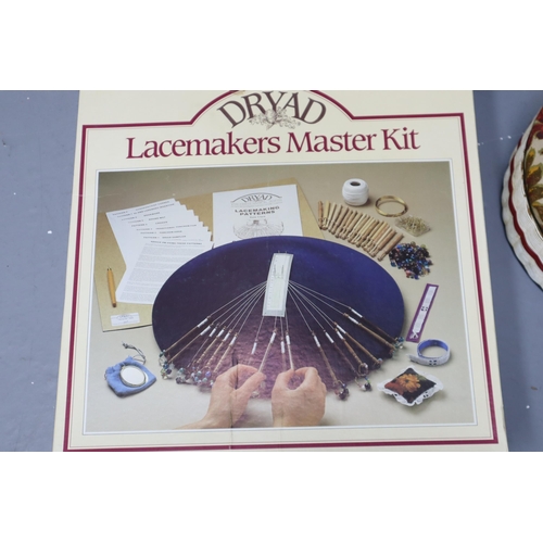 377 - Arts and Crafts items to include, lace making kit, easel, batik kit, 2 sewing boxes, tapestry frame ... 