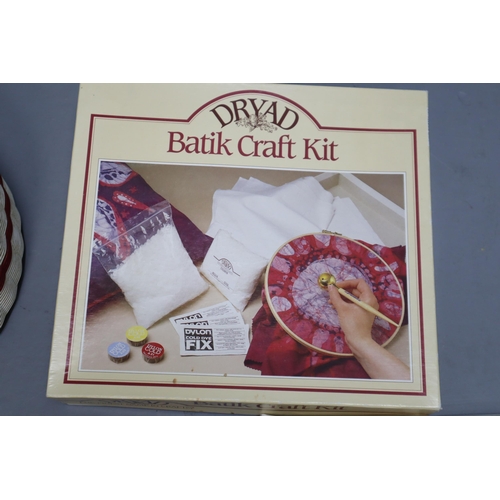 377 - Arts and Crafts items to include, lace making kit, easel, batik kit, 2 sewing boxes, tapestry frame ... 